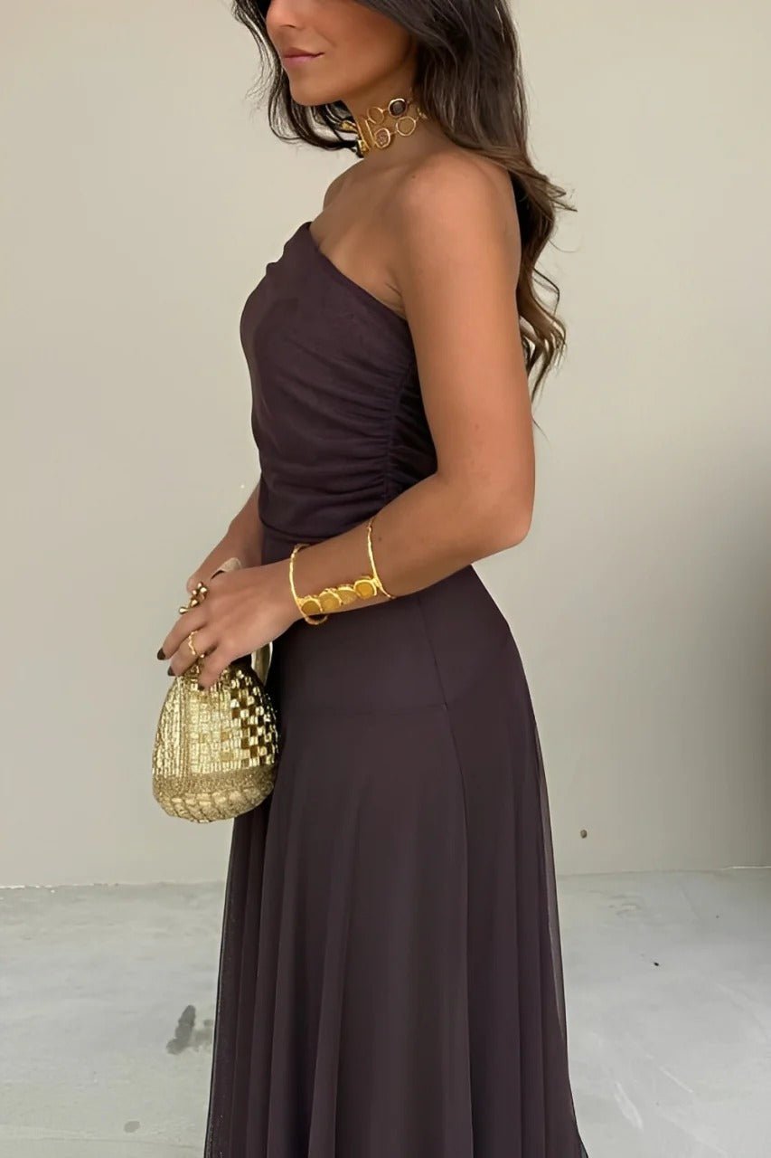 Cecile vestido largo fruncido off-shoulder