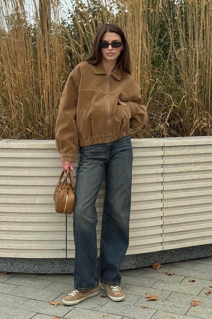Chaqueta relajada Lisa de ante con cremallera