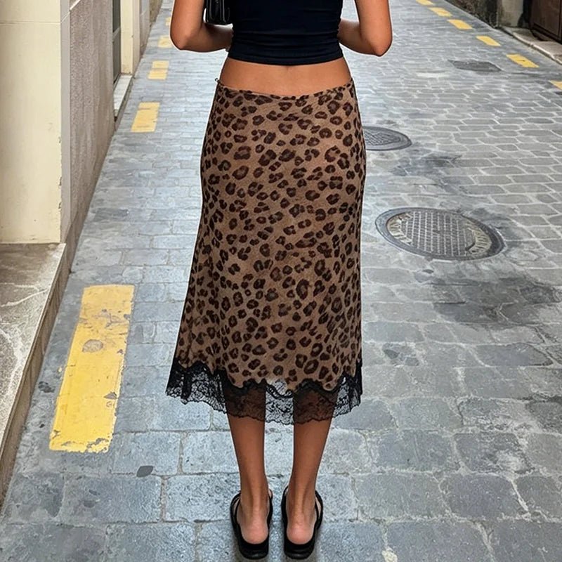 Lisa Falda Midi de Encaje con Estampado de Leopardo