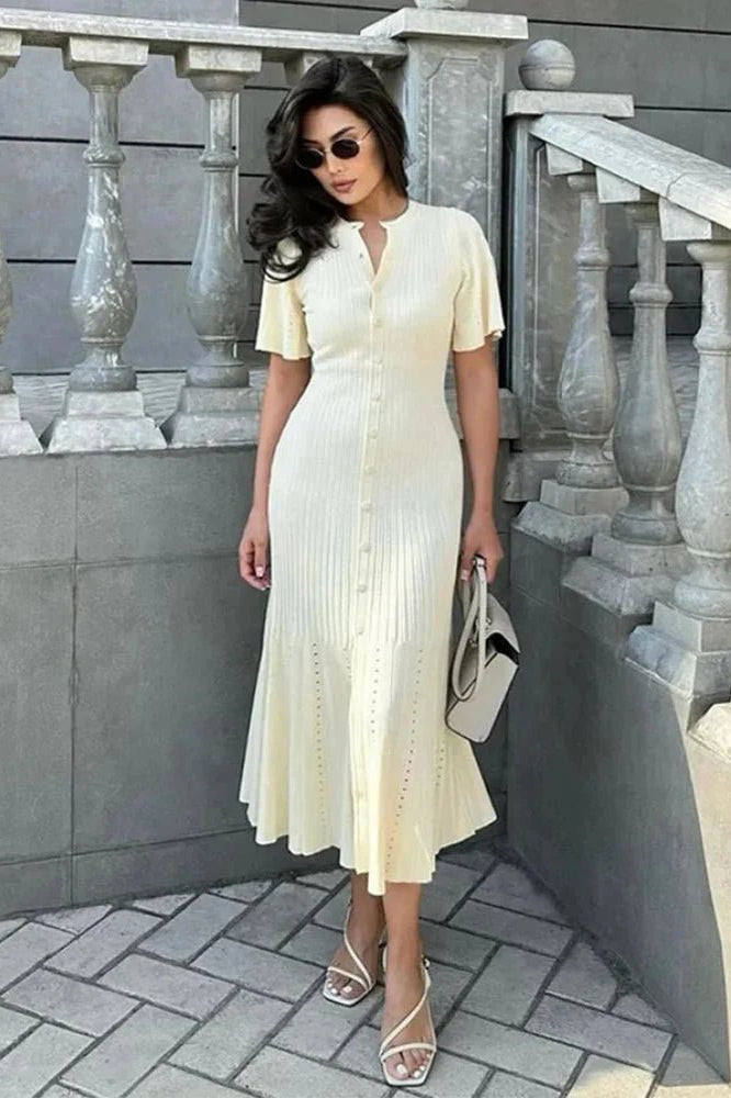 ZEYA - Azure Bell Sleeve Pleated Knit Midi Dress