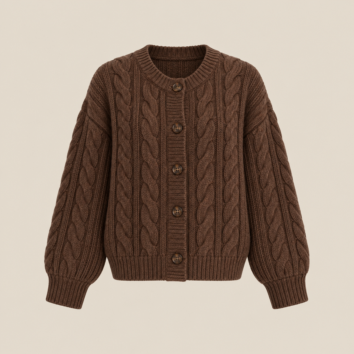 Chocolate cable knit cardigan on beige