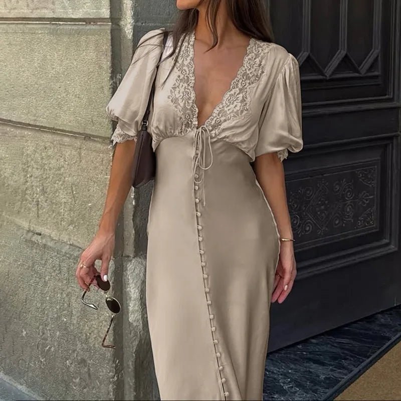 ZEYA - Diandra Puff Sleeve Lace-Up Maxi Dress