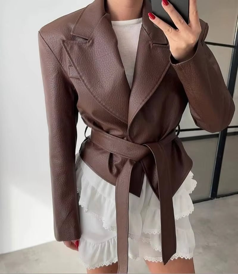 ZEYA - Kate Lace-Up Faux Leather Blazer Jacket