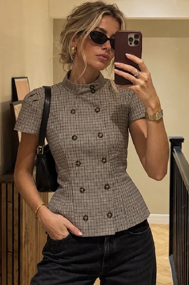 ZEYA - Lola Plaid High Neck Fitted Blouse