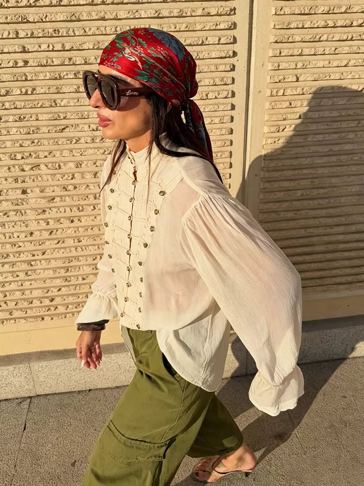 ZEYA - Miranda Vintage Stand Collar Frog Button Blouse
