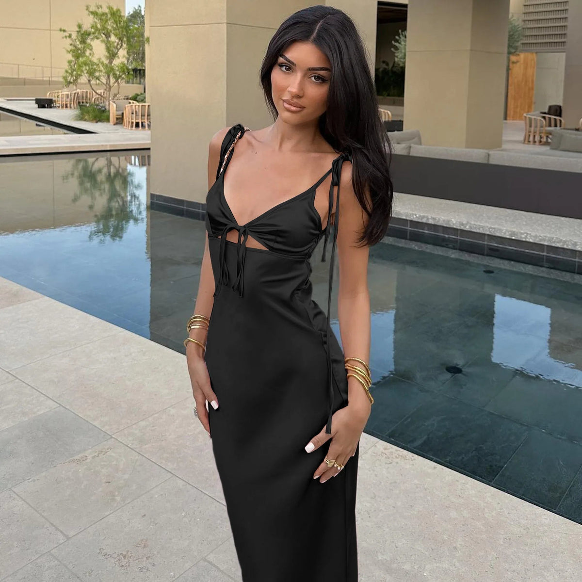 ZEYA - Renata Lace-Up Spaghetti Strap Maxi Dress