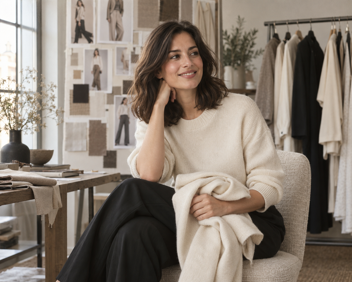 AI-generated portrait concept of a woman in an ivory knit, seated in a fashion studio.