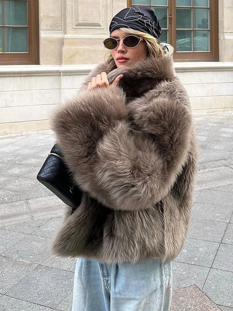 Thalia Brown Faux Fur Coat Women - Stylish Winter Snap Button Jacket with Chic Lapel and Long Sleeves 2
