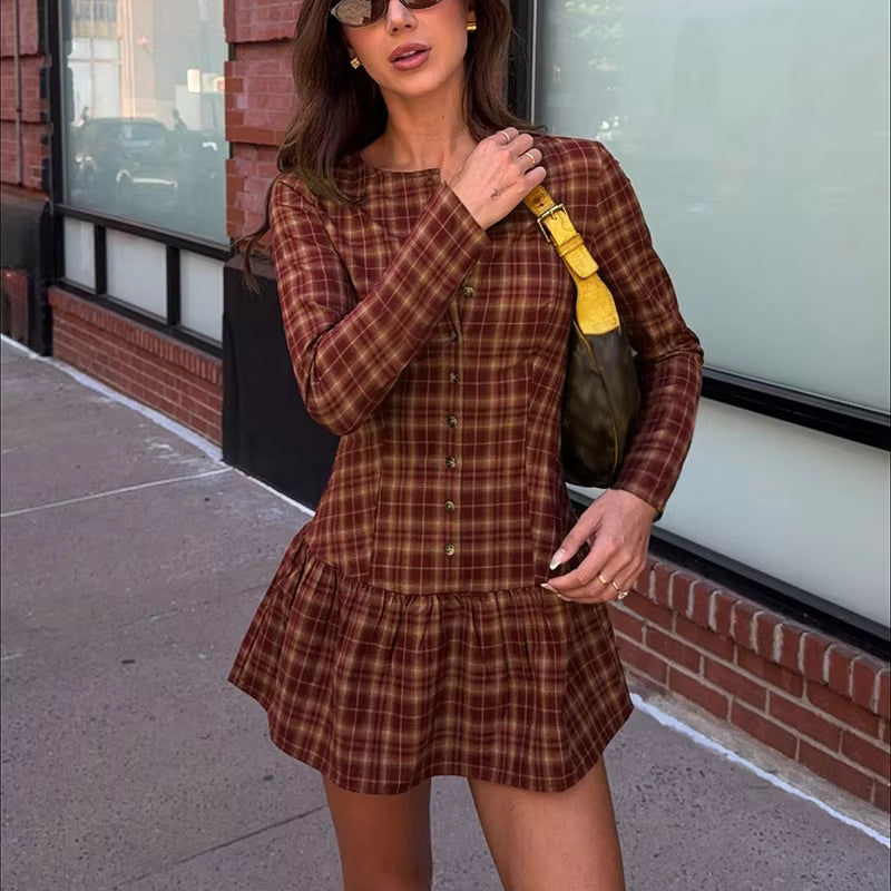 Vestido mini Ellie de manga larga y cuadros