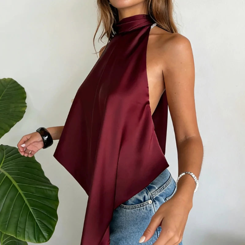 Top de seda Ava sin espalda con cuello halter
