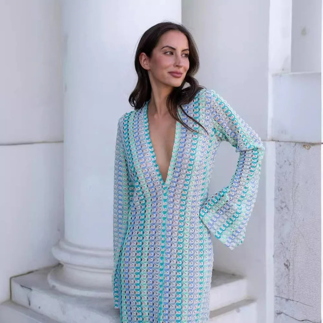 Sophia vestido maxi de crochet a rayas con mangas acampanadas
