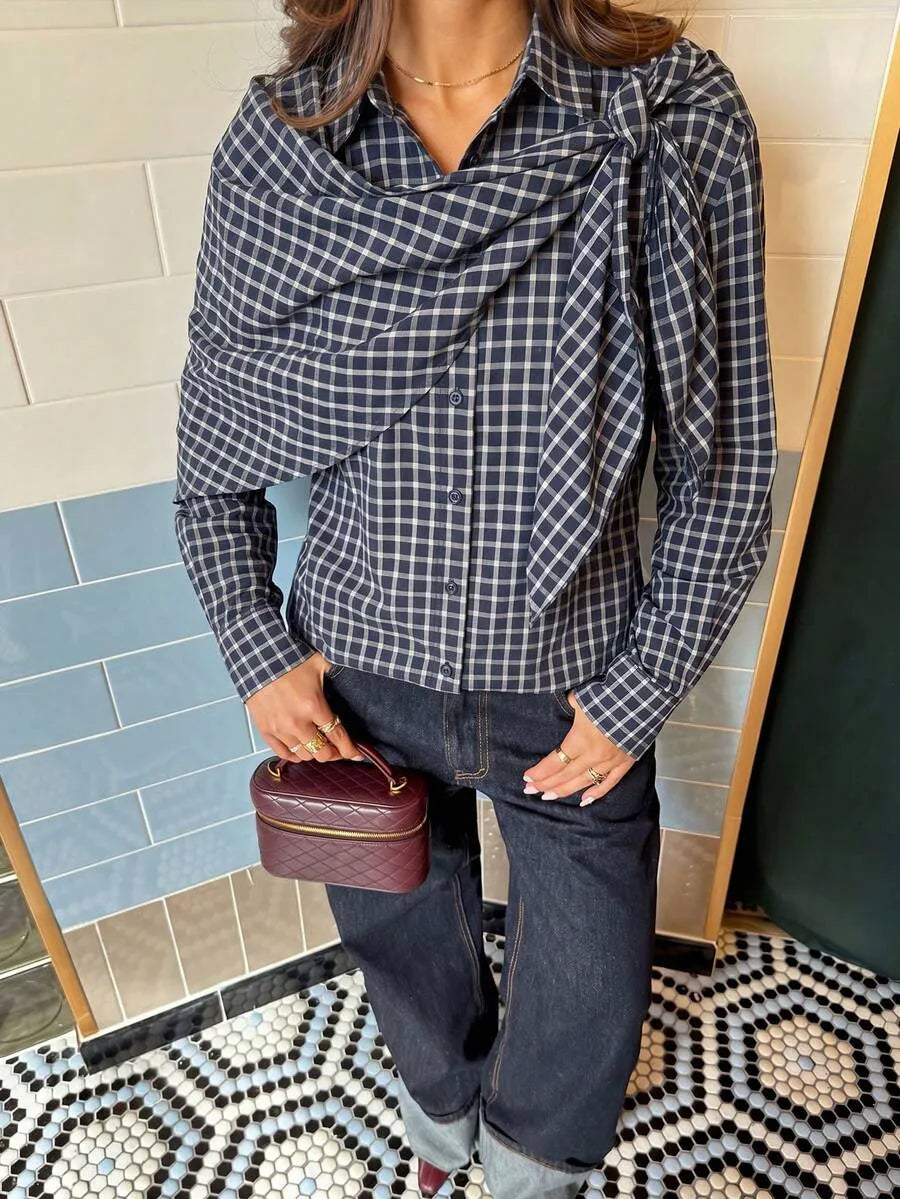 Camisa Nicole de cuadros con lazo tipo bufanda