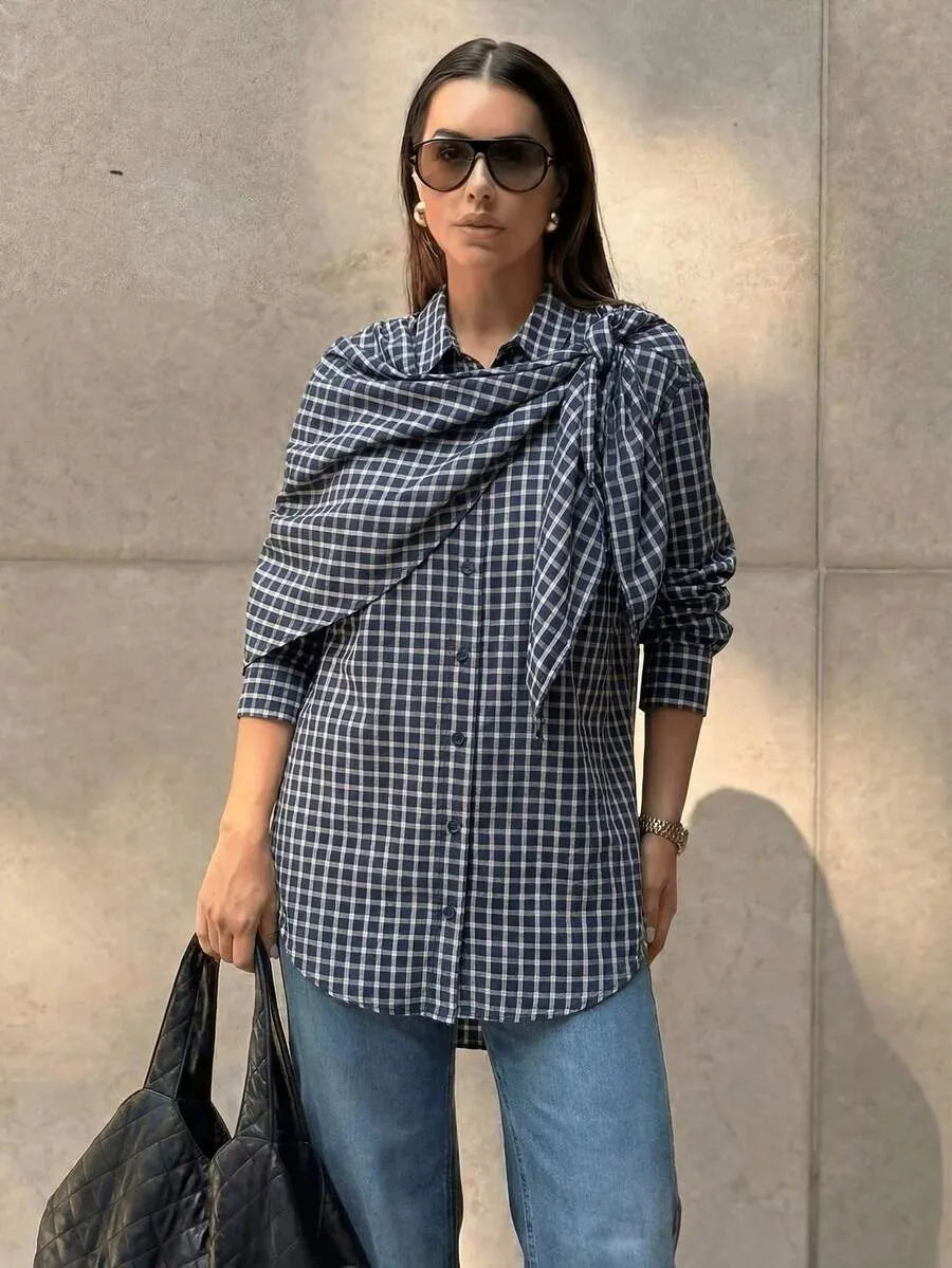 Camisa Nicole de cuadros con lazo tipo bufanda