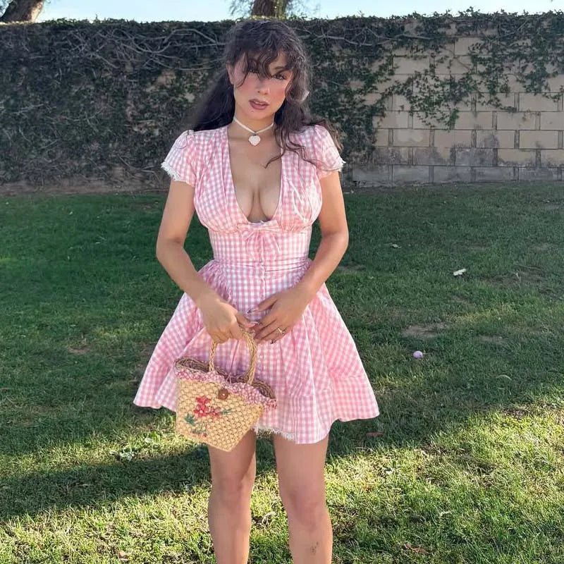 Vestido Mini de Cuadros Rosas con Lazo Vesna