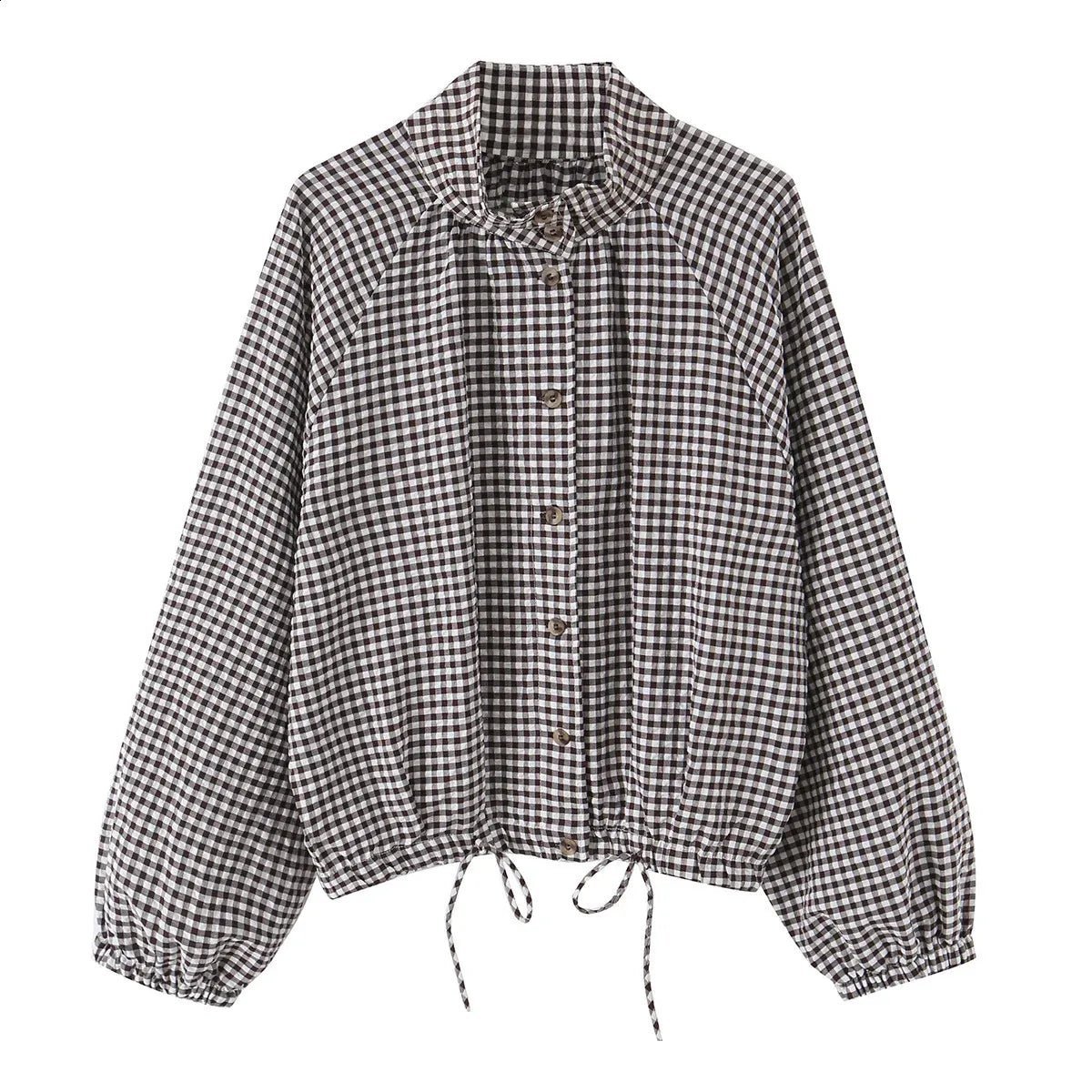 Chaqueta Mila de cuadros con cuello alto y cordón ajustable