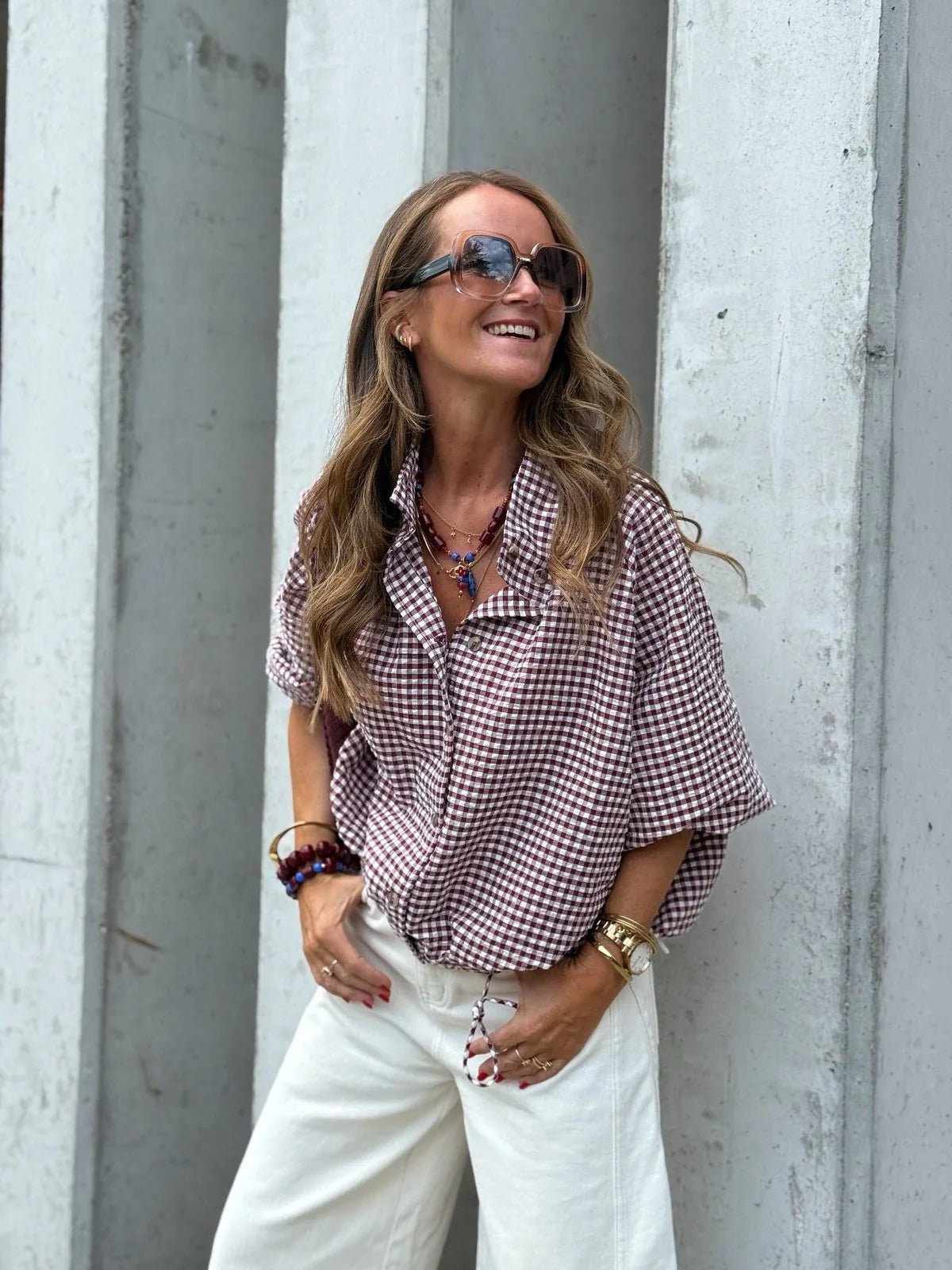 Chaqueta Mila de cuadros con cuello alto y cordón ajustable
