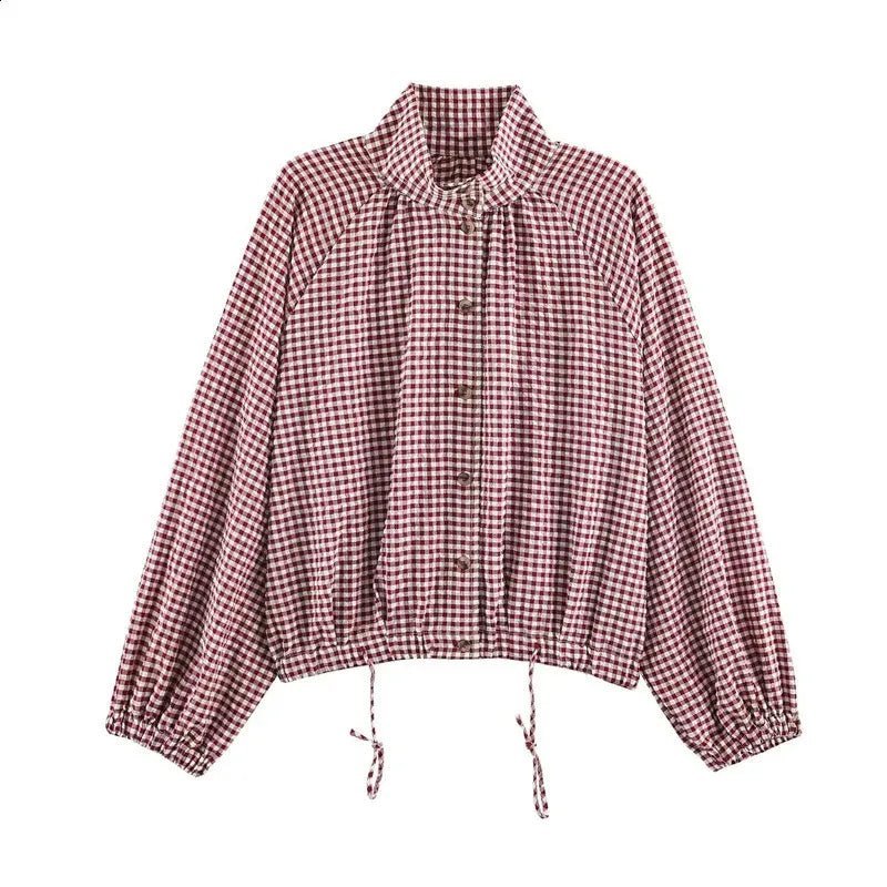 Chaqueta Mila de cuadros con cuello alto y cordón ajustable