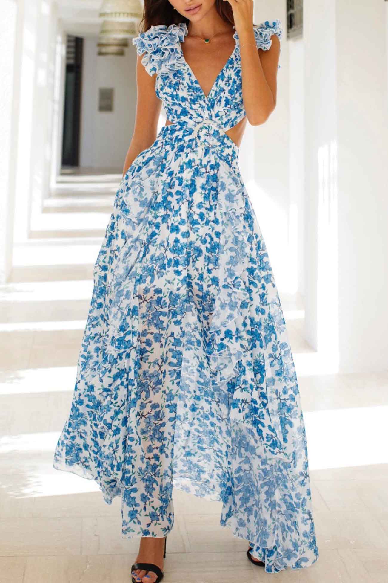 Vestido maxi Katya con flores y mangas con volantes