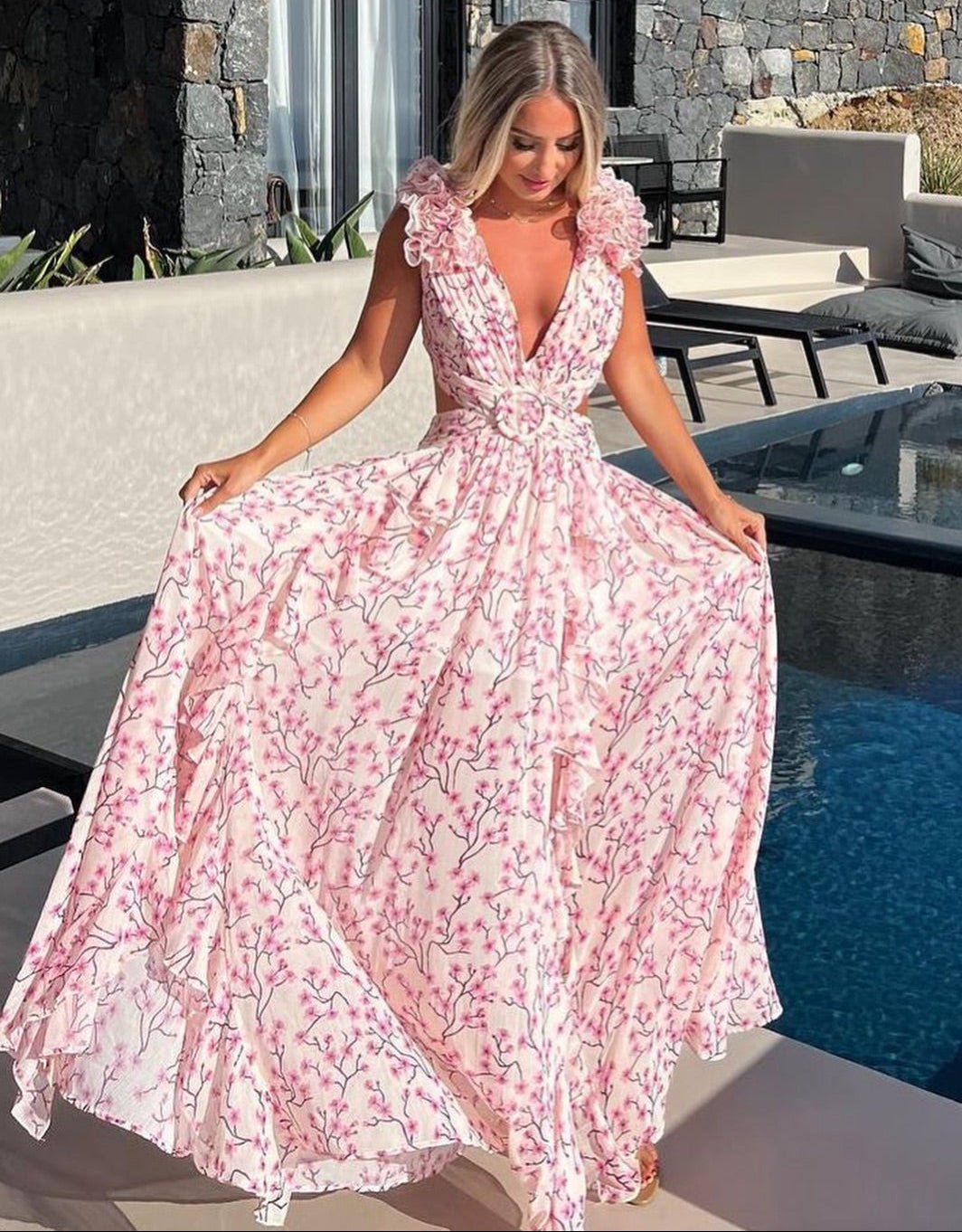 Vestido maxi Katya con flores y mangas con volantes