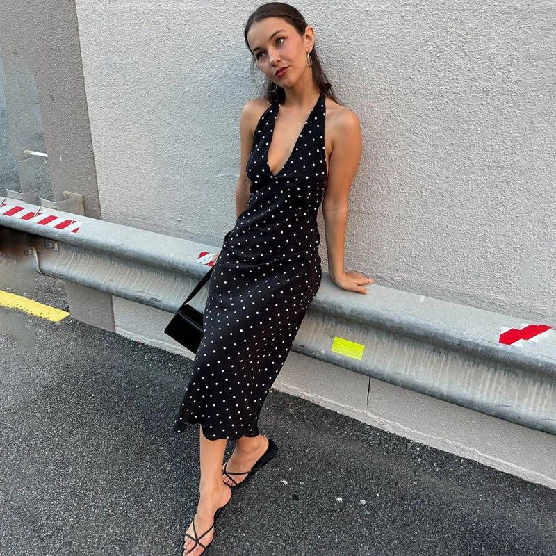 Zoe Polka Dot Halter Midi Dress