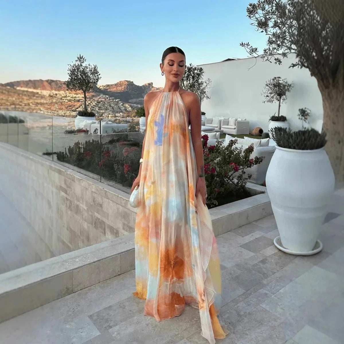 Megan Halter Neck Lace-Up Maxi Dress