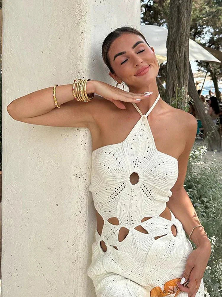 Vestido mini de crochet Lorna con cuello halter