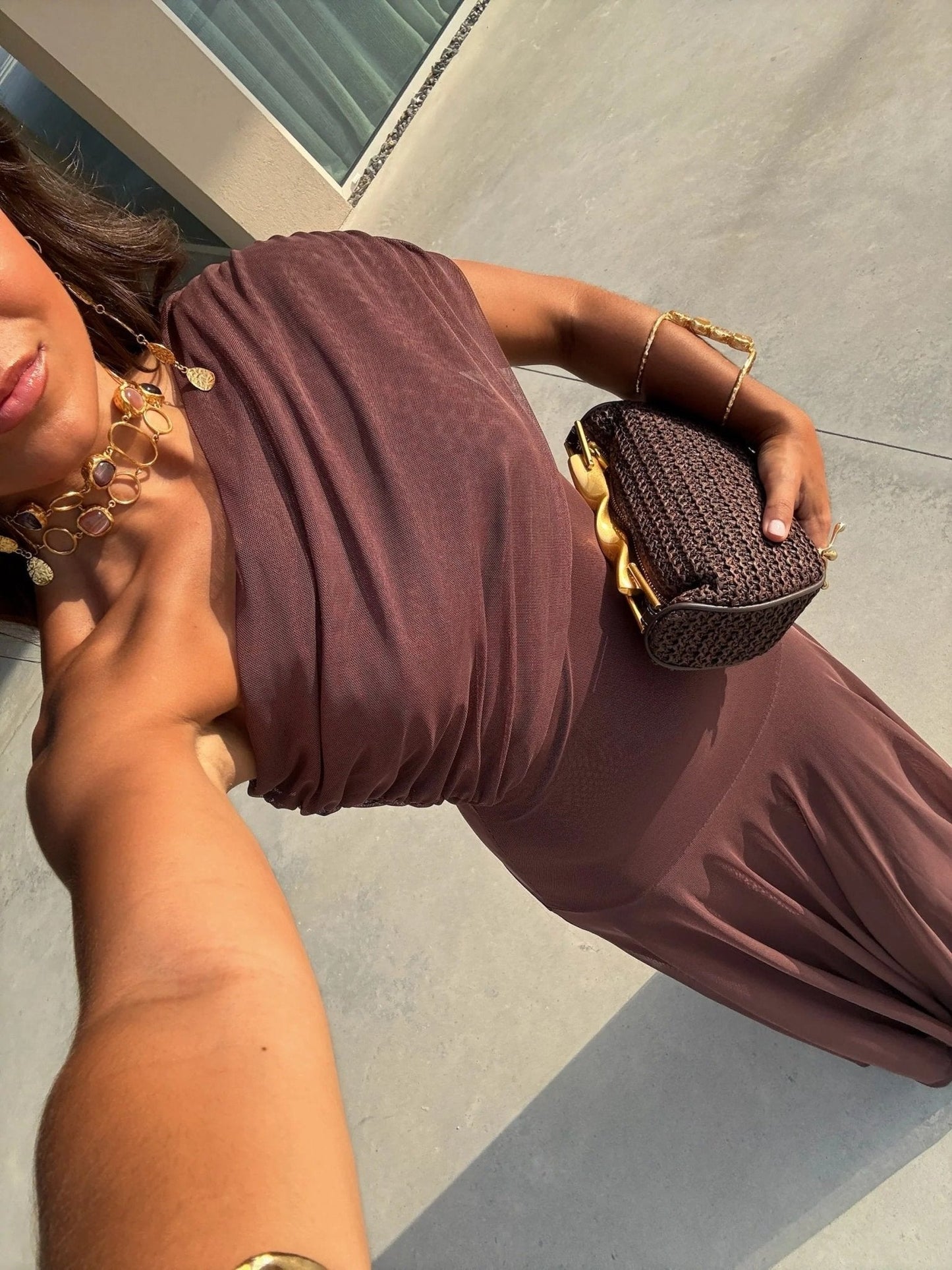 Cecile vestido largo fruncido off-shoulder