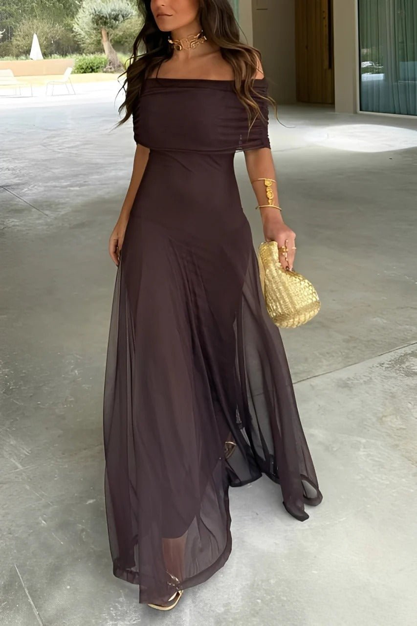 Cecile vestido largo fruncido off-shoulder