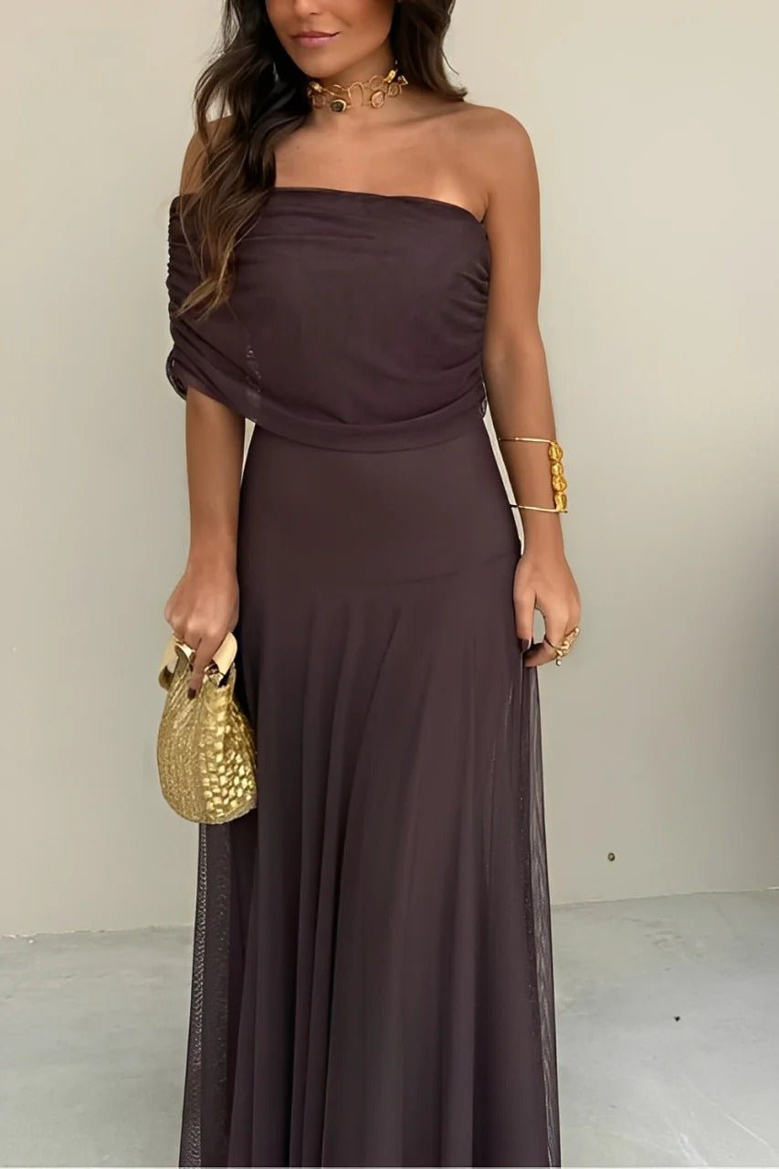 Cecile vestido largo fruncido off-shoulder