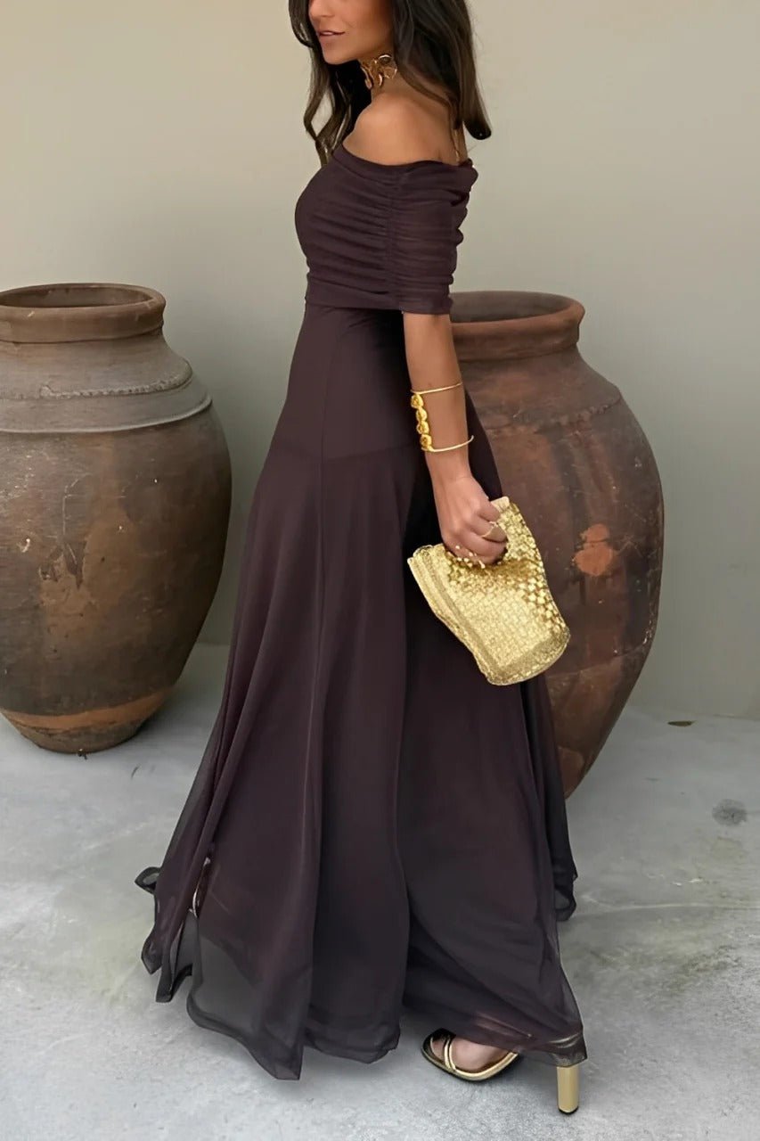 Cecile vestido largo fruncido off-shoulder