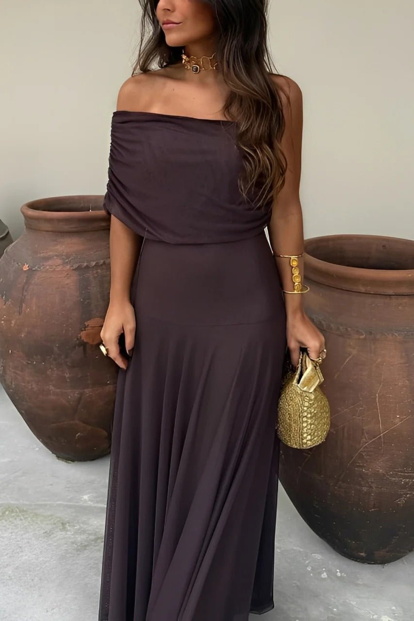 Cecile vestido largo fruncido off-shoulder