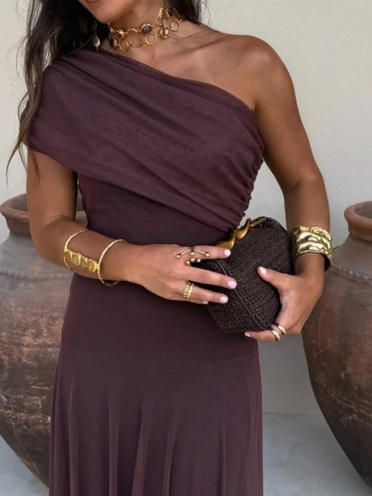 Cecile vestido largo fruncido off-shoulder