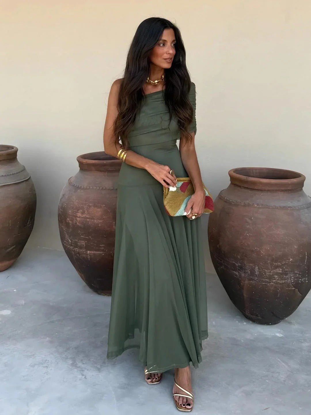 Cecile vestido largo fruncido off-shoulder