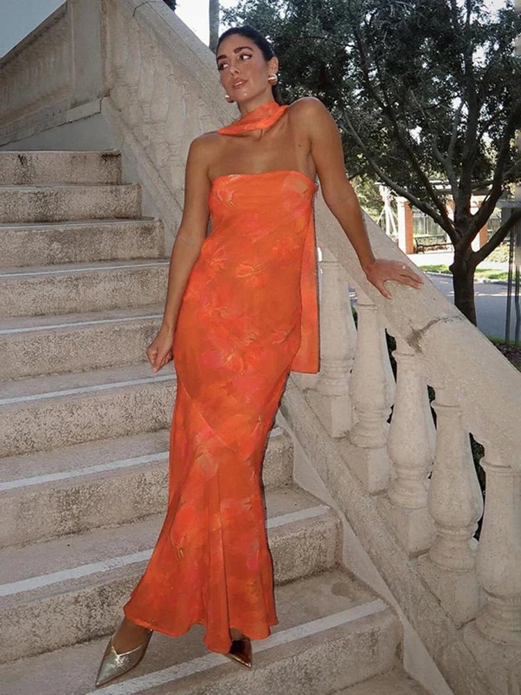 Vestido maxi sin tirantes Rina con mesh