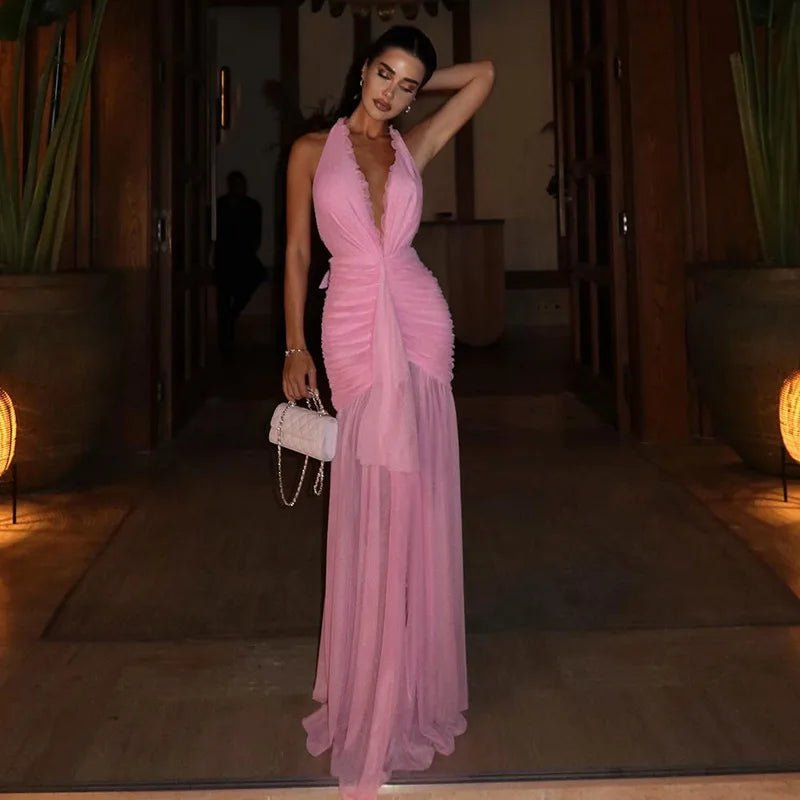 Sabine vestido halter mesh maxi
