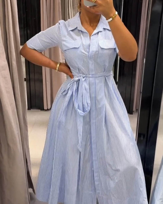 Vestido maxi Winona de rayas con cuello ajustable
