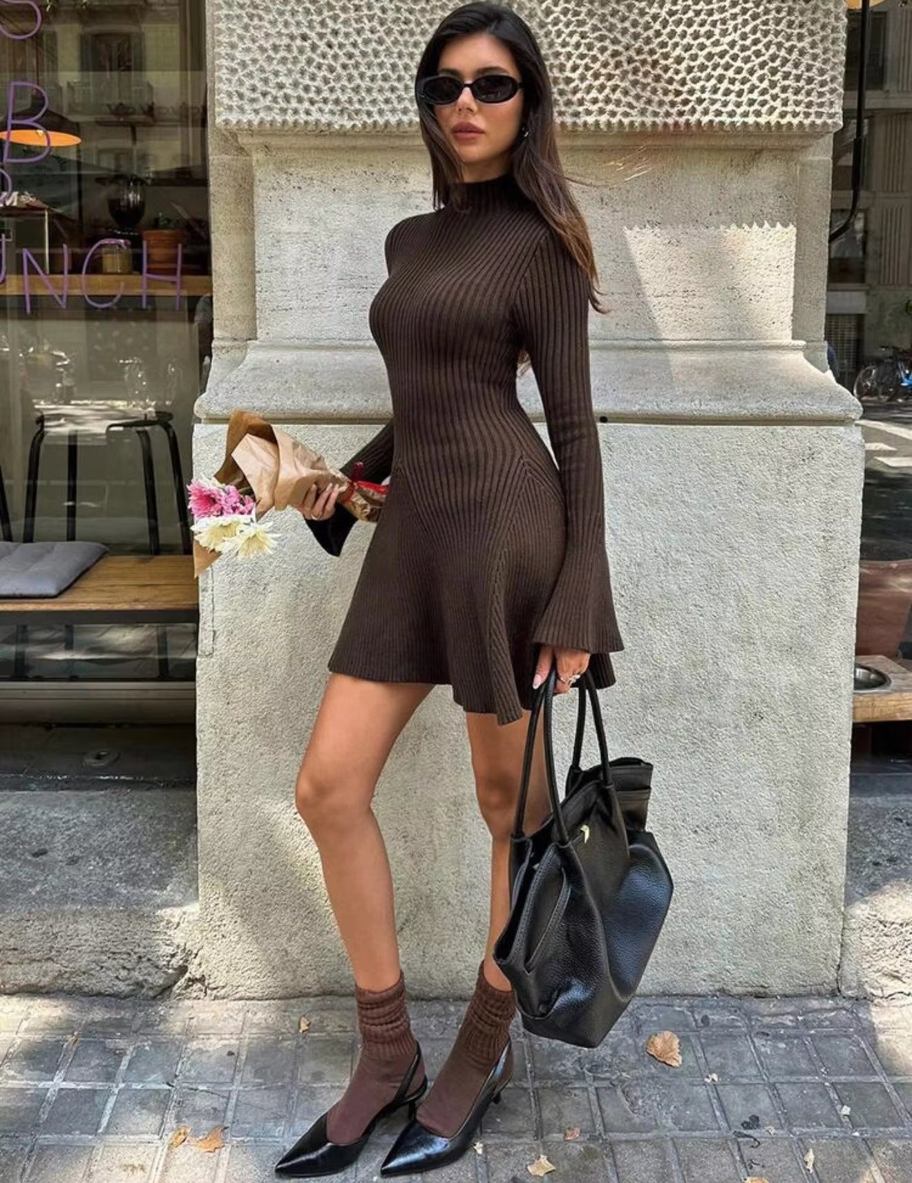 Vestido Suéter de Punto Acanalado Anna Bell de Manga Larga