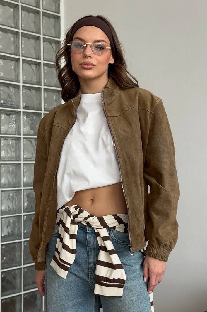 Olivia chaqueta vintage khaki de ante