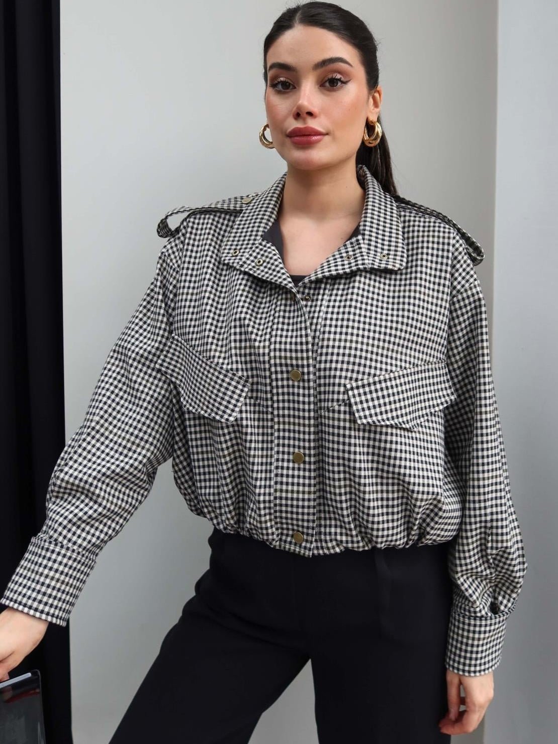 Lisa High Neck Checked Bomber Jacket