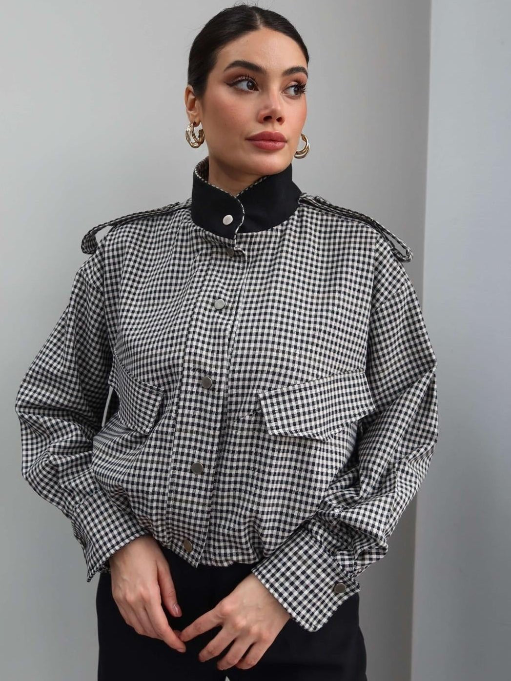 Lisa High Neck Checked Bomber Jacket