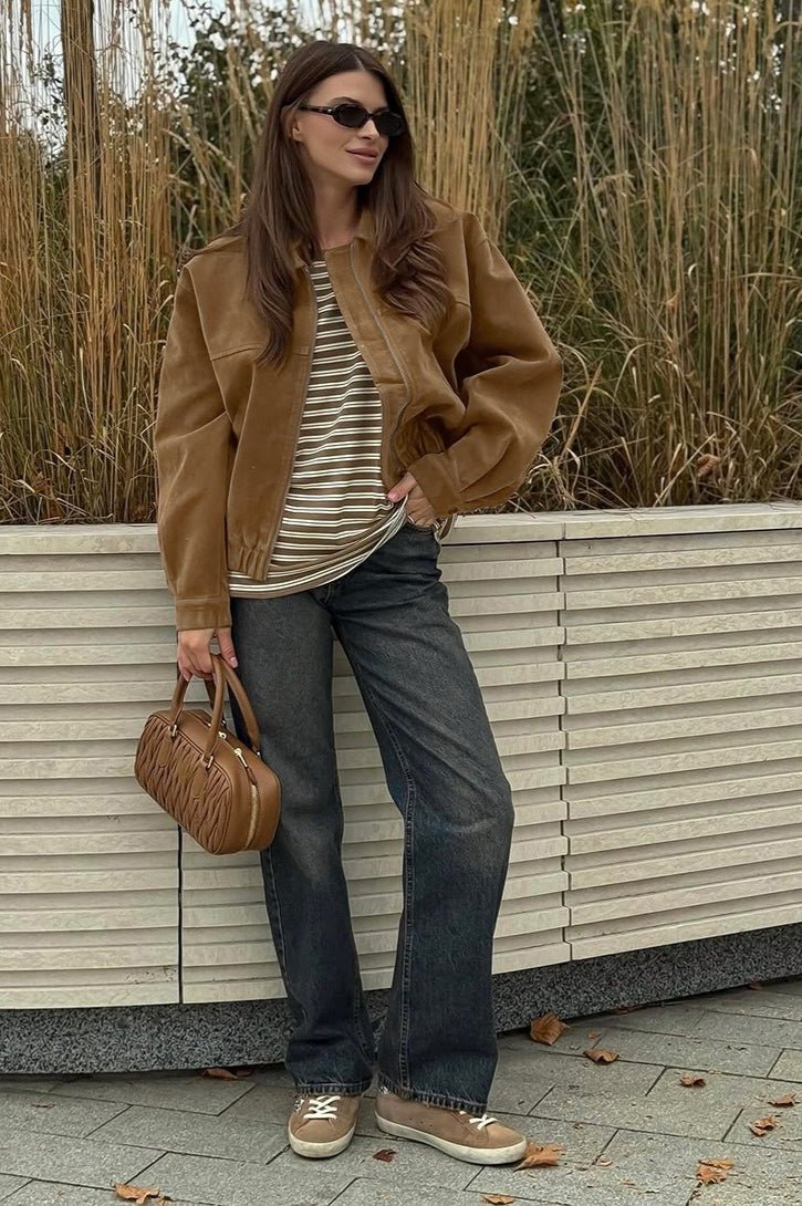 Chaqueta relajada Lisa de ante con cremallera