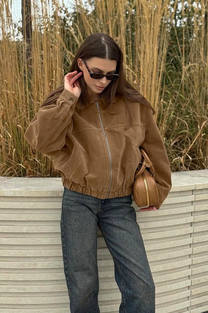 Chaqueta relajada Lisa de ante con cremallera