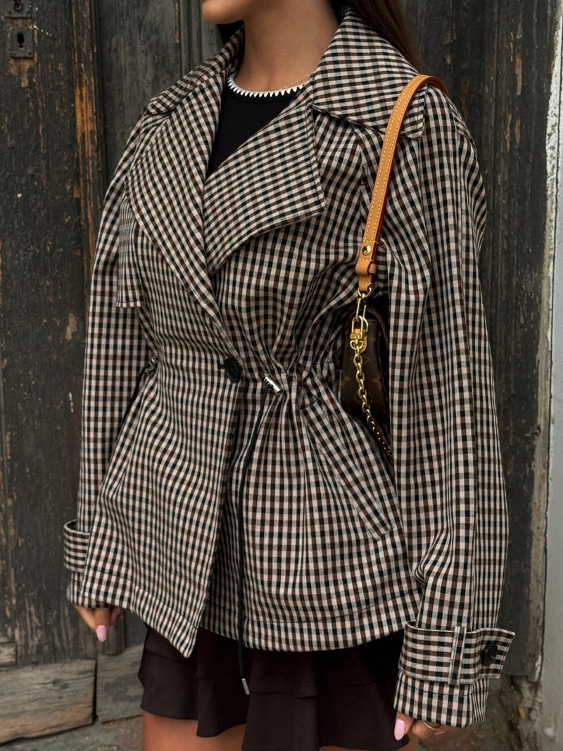 ZEYA Billie Drawstring Gingham Short Trench in Beige