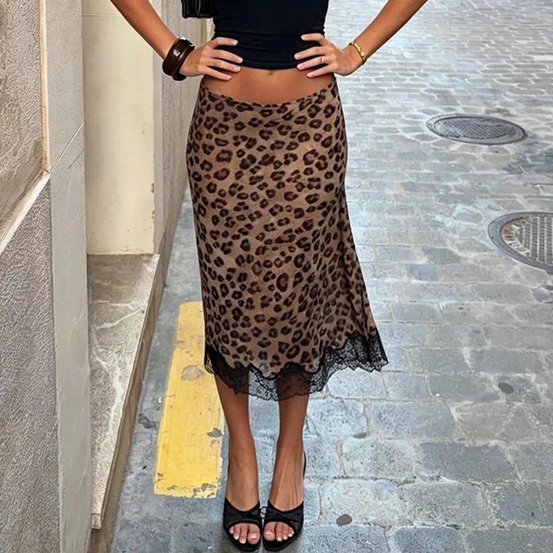 Lisa Falda Midi de Encaje con Estampado de Leopardo