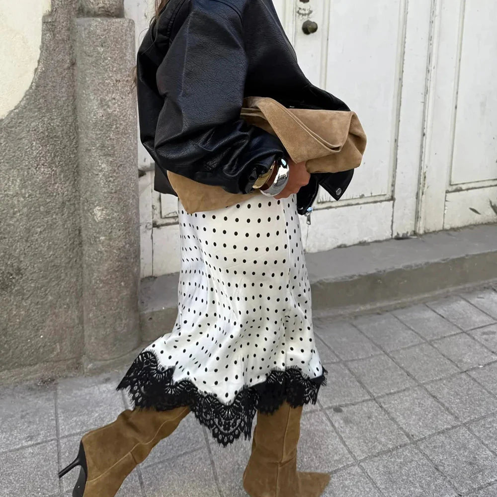 Falda midi Rosemary de lunares con remate de encaje