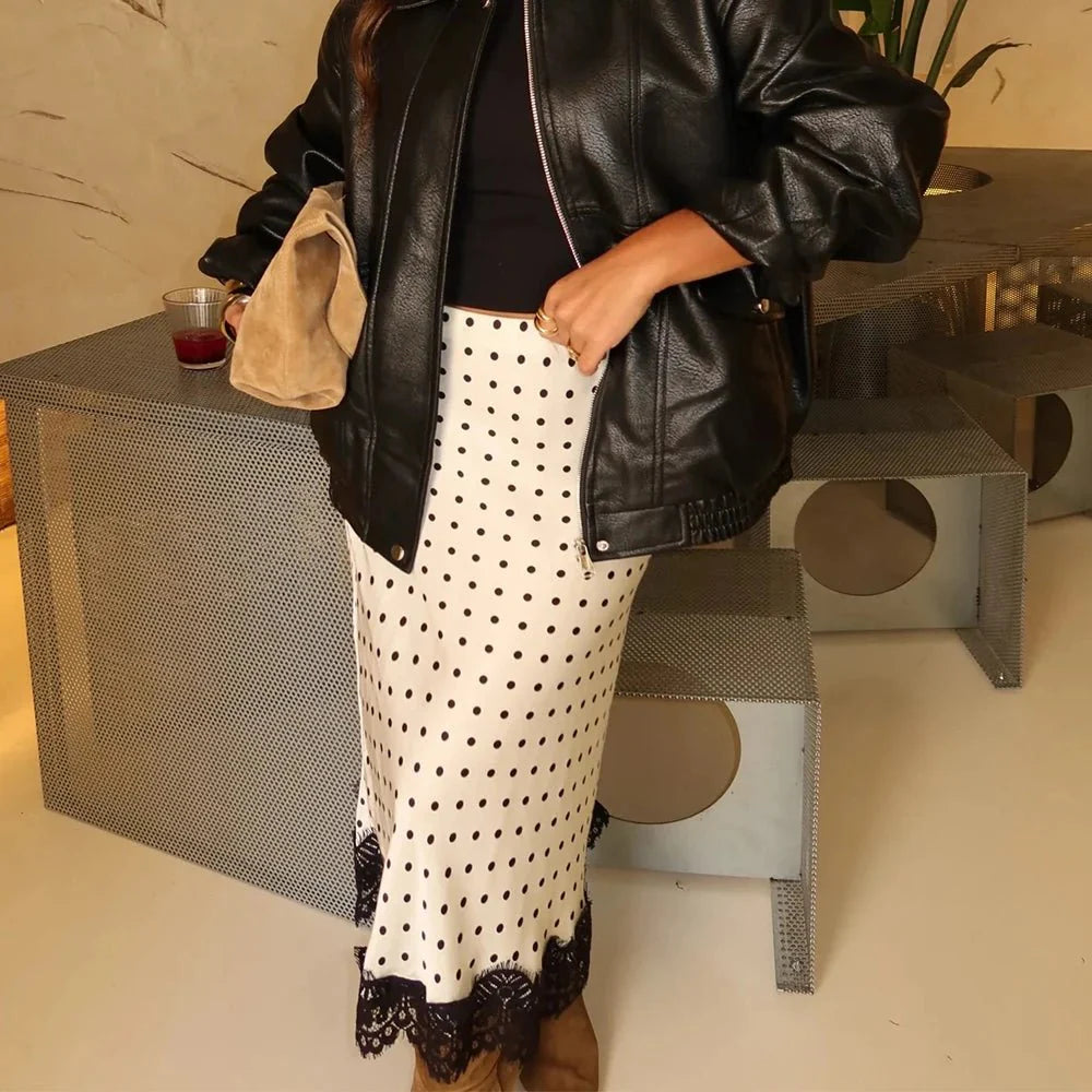 Falda midi Rosemary de lunares con remate de encaje