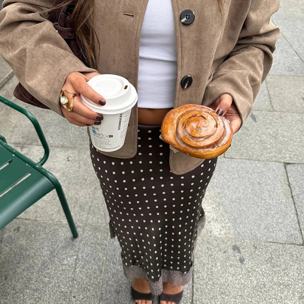 Falda midi Rosemary de lunares con remate de encaje