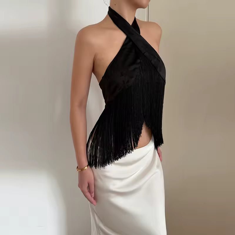 Gina Satin Fringed Halter Top