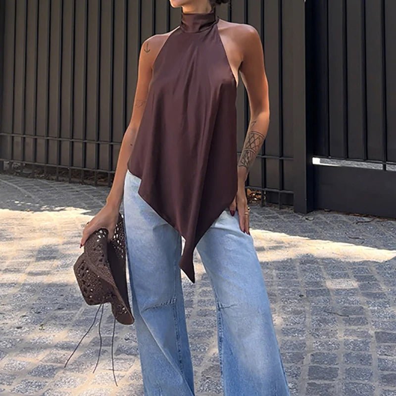 Top de seda Ava sin espalda con cuello halter