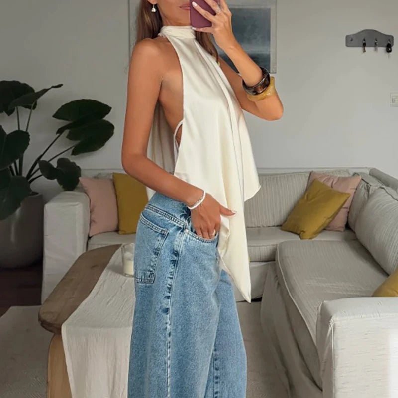 Top de seda Ava sin espalda con cuello halter